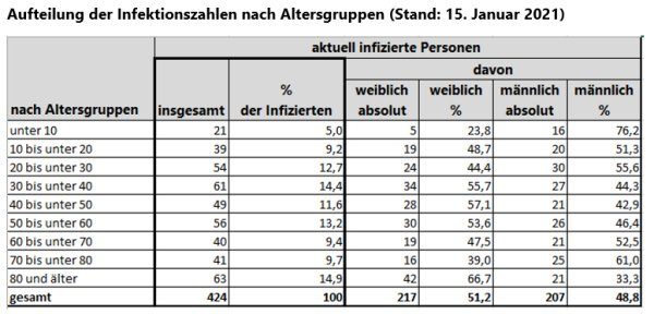 Grafik: Aufteilung der Infektionszahlen nach Altersgruppen (Stand: 15. Januar 2021)