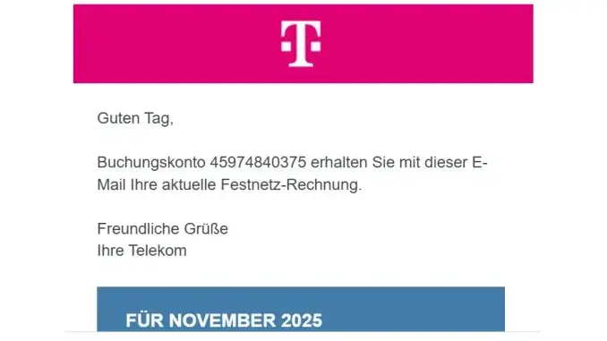 Fakemail der Telekom "Telekom-Rechnungen" ein Fake - Vorsicht!