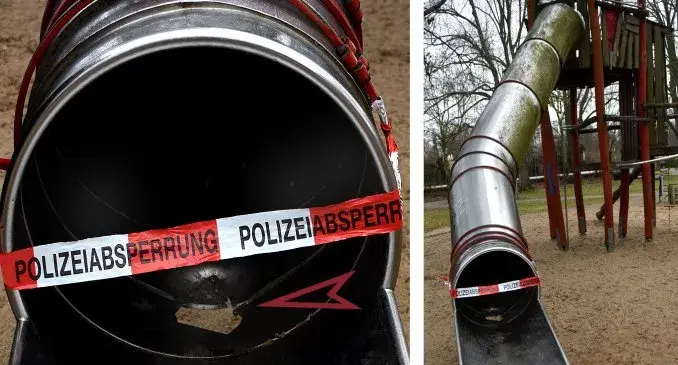 gesprengte Rutsche am Nordpark_ergebnis Detonation auf Spielplatz in Gladbeck - Loch in Metallrutsch gesprengt